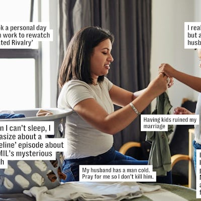 A woman folds clothes with a child in a room. Text bubbles express various humorous and dramatic thoughts related to personal and family life.