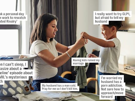 A woman folds clothes with a child in a room. Text bubbles express various humorous and dramatic tho...