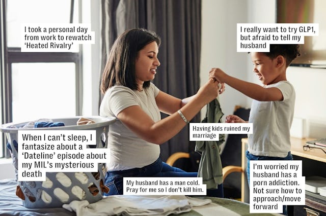 A woman folds clothes with a child in a room. Text bubbles express various humorous and dramatic tho...