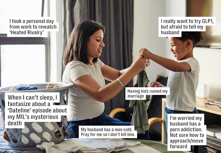 A woman folds clothes with a child in a room. Text bubbles express various humorous and dramatic tho...