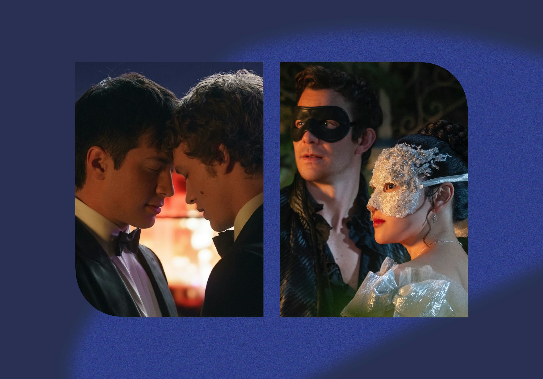 Shane and Ilya in Heated Rivalry; Benedict and Sophie in Bridgerton. Photos via HBO Max and Netflix