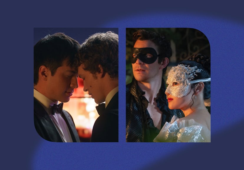 Shane and Ilya in Heated Rivalry; Benedict and Sophie in Bridgerton. Photos via HBO Max and Netflix