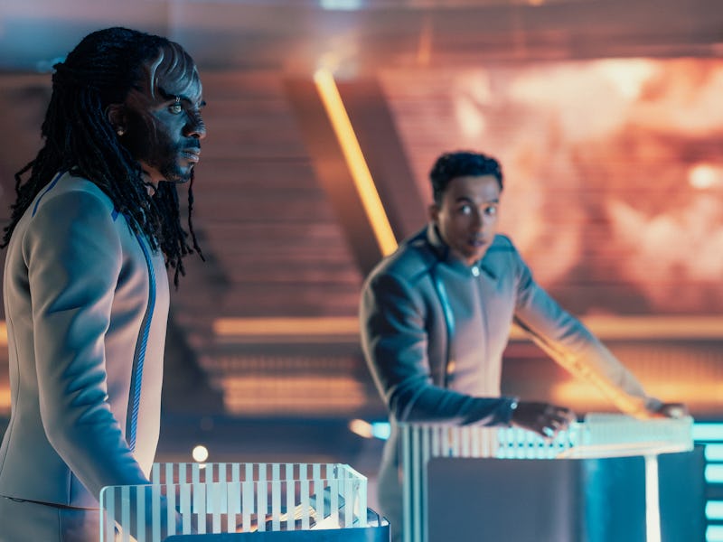 Karim Diane as Jay-Den and Sandro Rosta as Caleb in Star Trek: Starfleet Academy, episode 4, season ...