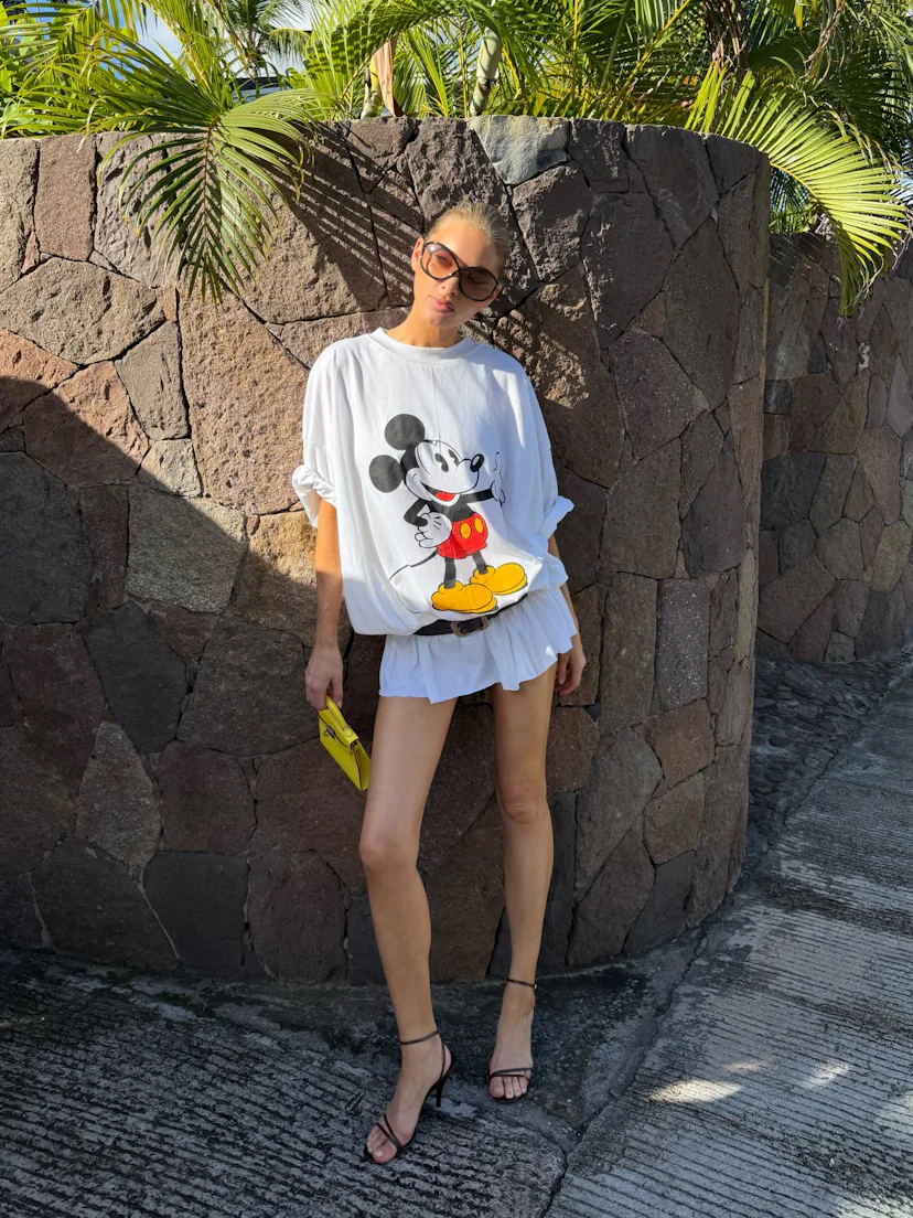Elsa Hosk in a Mickey Mouse shirt.