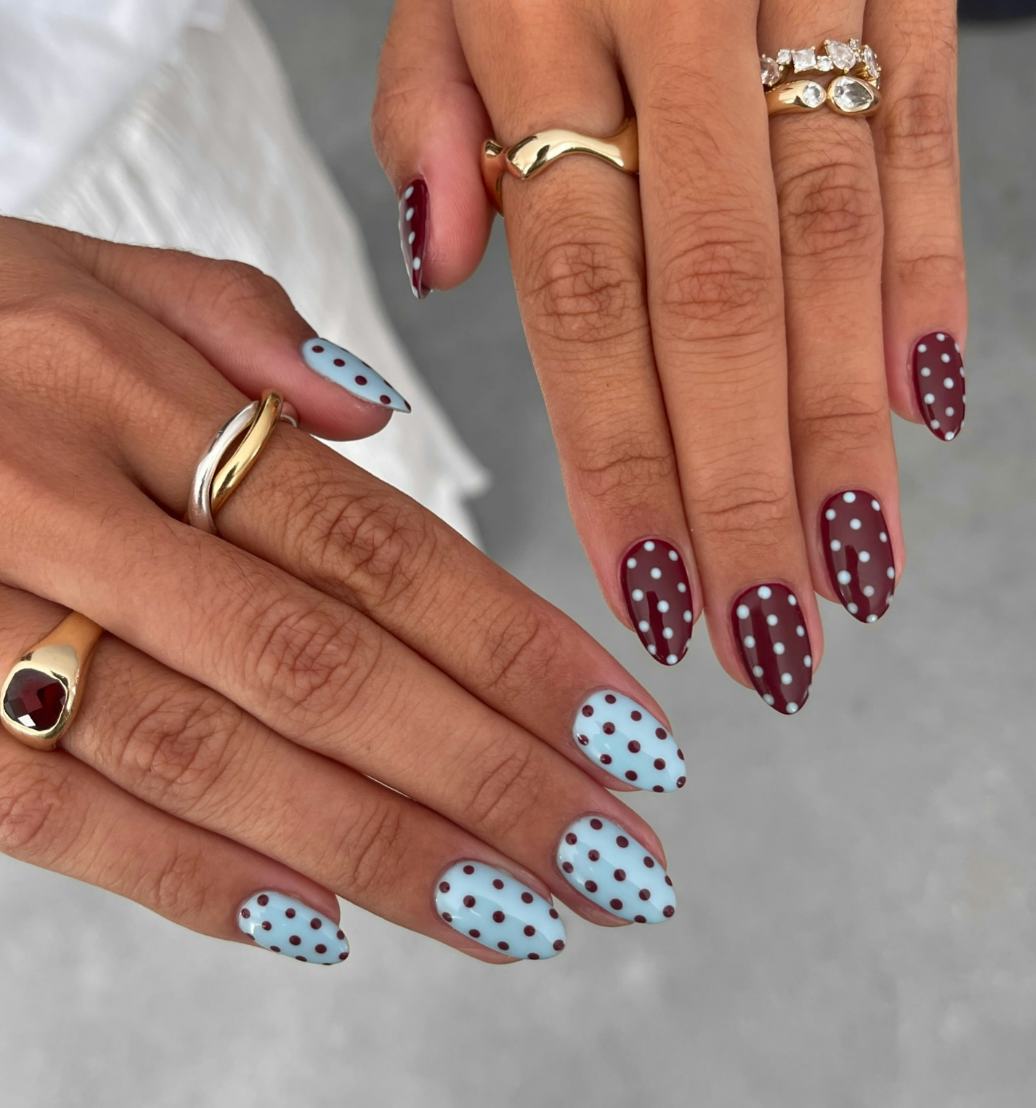 blue and brown polka dot nails, in a story about 2026 nail trends you can DIY