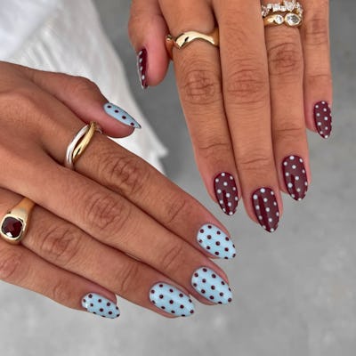 blue and brown polka dot nails, in a story about 2026 nail trends you can DIY