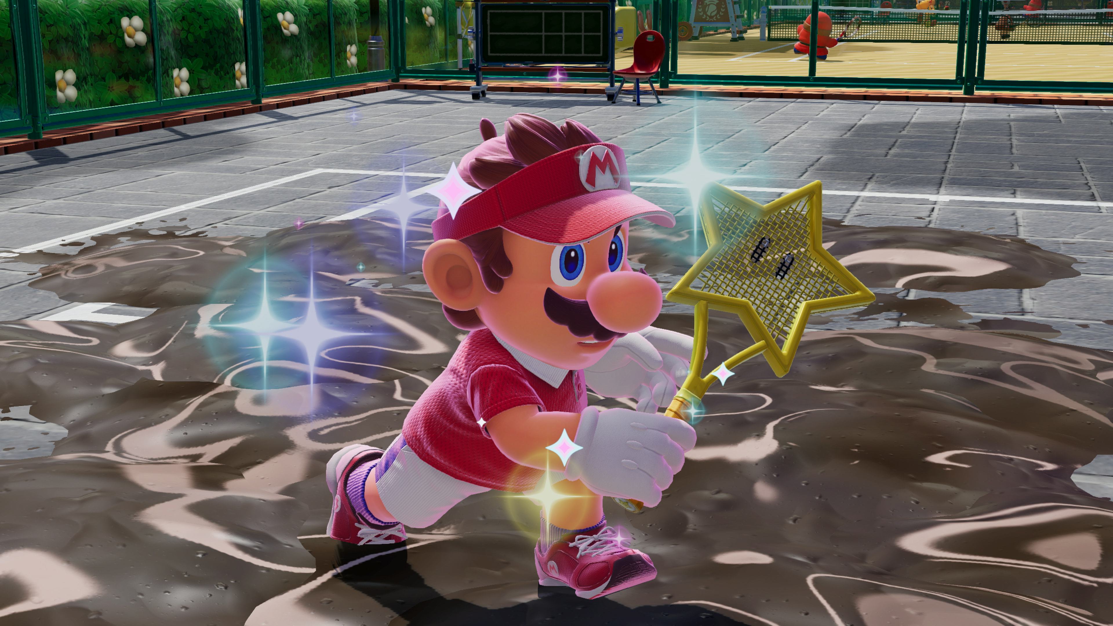 Mario holds a star-shaped racket, surrounded by a shiny effect, on a tennis court with some patches ...