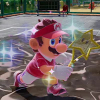 Mario holds a star-shaped racket, surrounded by a shiny effect, on a tennis court with some patches ...