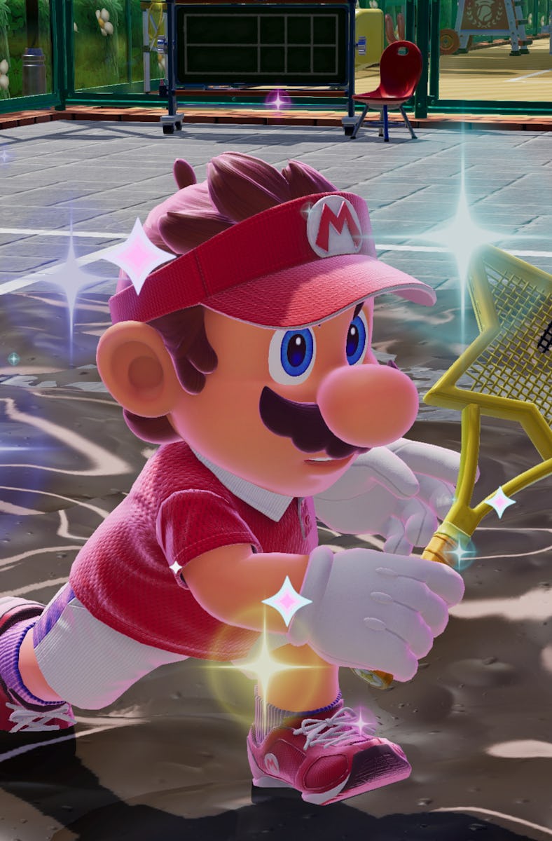 Mario holds a star-shaped racket, surrounded by a shiny effect, on a tennis court with some patches ...