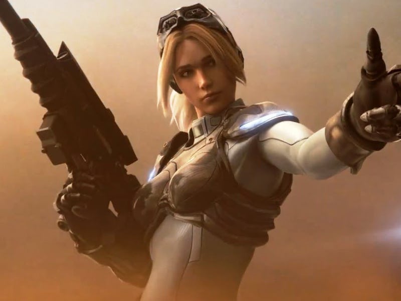 A character in futuristic armor holds a large gun and extends a hand forward, set against a hazy, or...