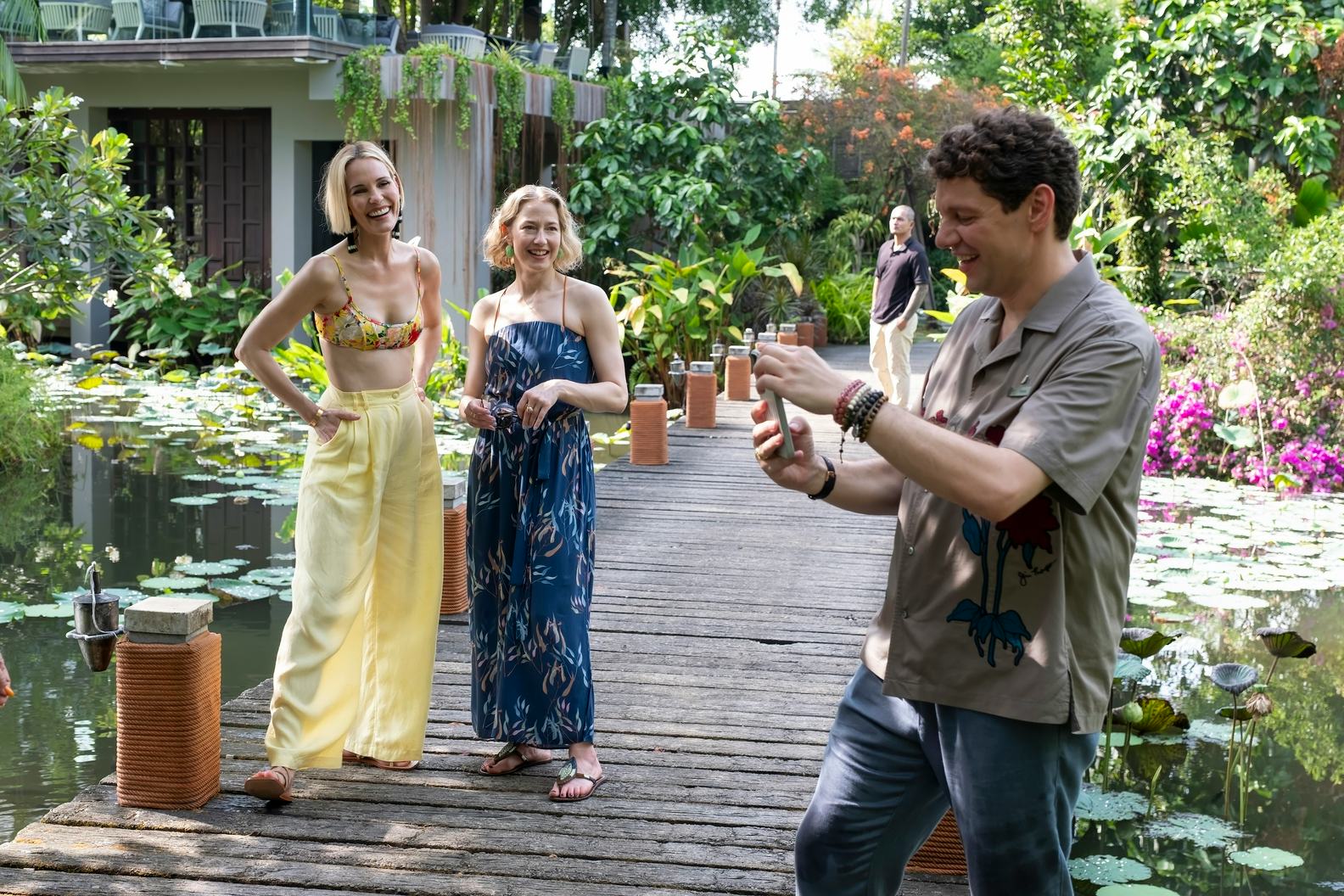 Leslie Bibb, Carrie Coon, and Christian Friedel on The White Lotus. Photo via HBO