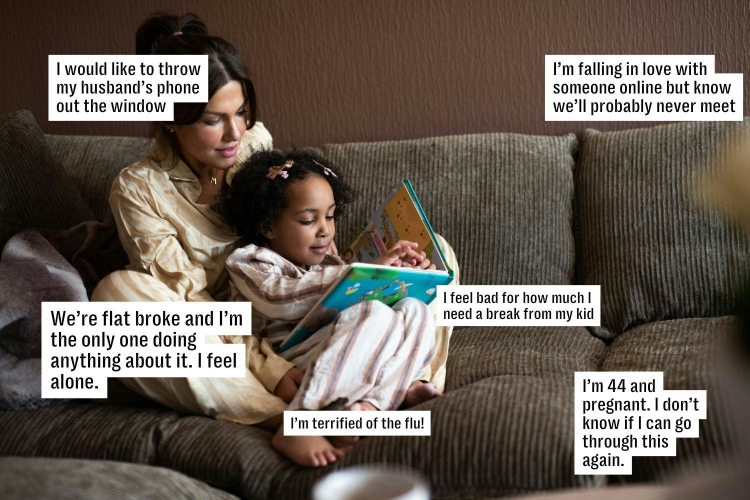 A woman and a young girl sit on a couch reading a book. Thought bubbles reveal their concerns about ...