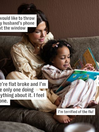 A woman and a young girl sit on a couch reading a book. Thought bubbles reveal their concerns about ...