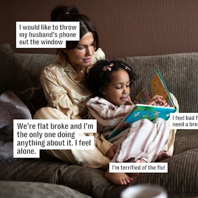 A woman and a young girl sit on a couch reading a book. Thought bubbles reveal their concerns about relationships, finances, health, and personal fears.