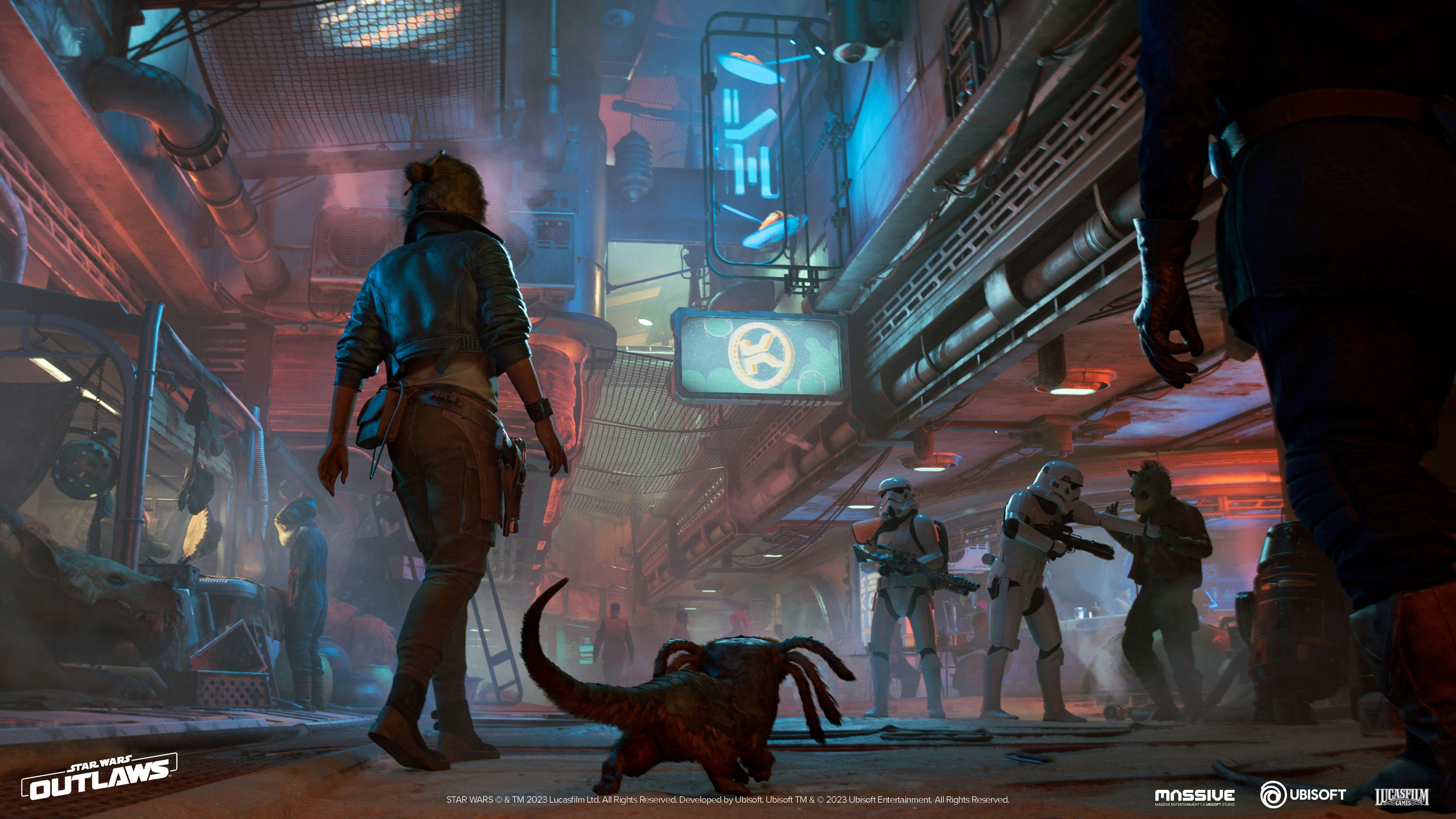 A person walks in a futuristic urban alley with neon lights, accompanied by a creature on the ground...
