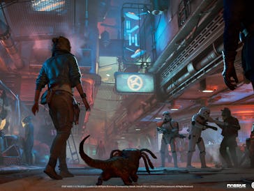 A person walks in a futuristic urban alley with neon lights, accompanied by a creature on the ground...