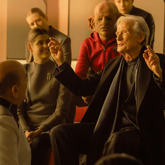 L-R: Robert Picardo as The Doctor and Bill Nighy as Nyk in season 2 of Star Trek: Starfleet Academy ...