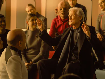 L-R: Robert Picardo as The Doctor and Bill Nighy as Nyk in season 2 of Star Trek: Starfleet Academy ...