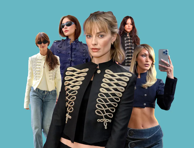 Daisy Edgar-Jones, Lola Tung, Margot Robbie, Jenna Ortega, and Bella Hadid in military jackets.