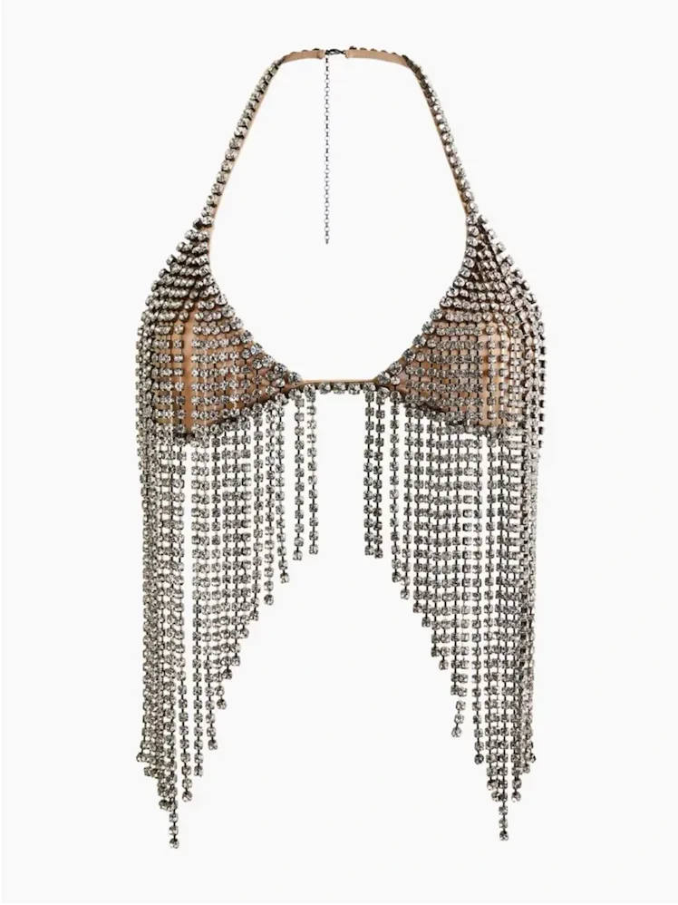 Silver Crystal Fringe Halter Crop Top