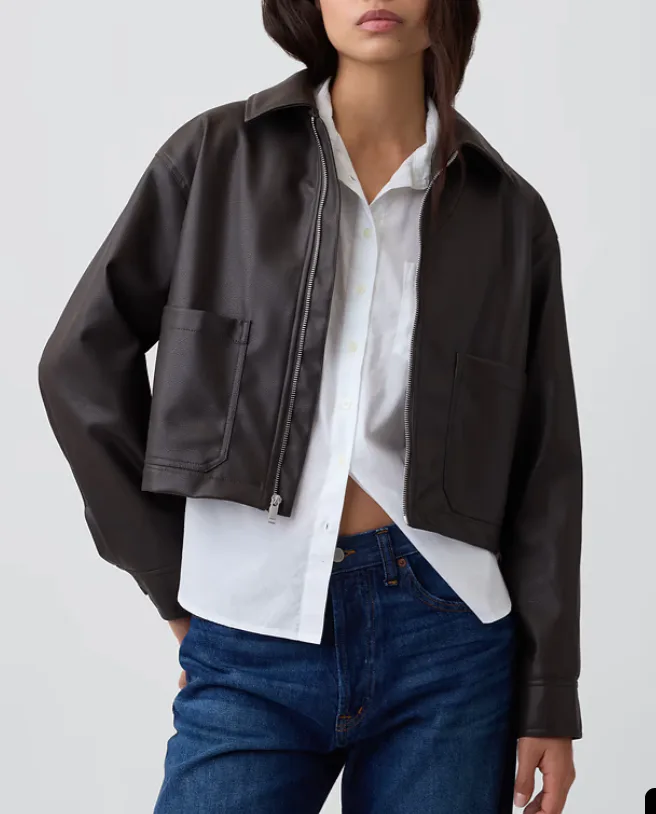 Relaxed Cropped Vegan-Leather Jacket