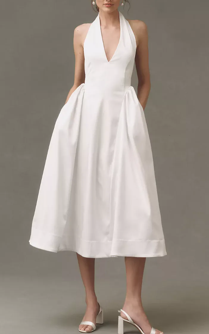 BHLDN Halter-Neck Satin Fit-and-Flare Maxi Dress