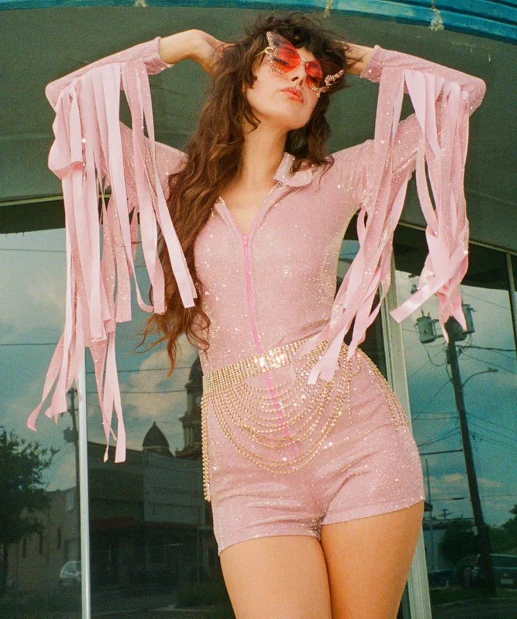 Glitter Fringe Romper in Dusty Rose