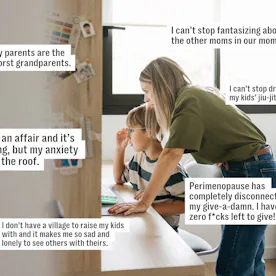 Woman leaning over a table helping a young child with a laptop in a bright bedroom, speech-bubble st...