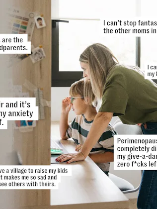 Woman leaning over a table helping a young child with a laptop in a bright bedroom, speech-bubble st...