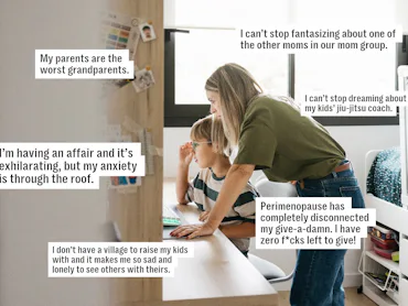 Woman leaning over a table helping a young child with a laptop in a bright bedroom, speech-bubble st...