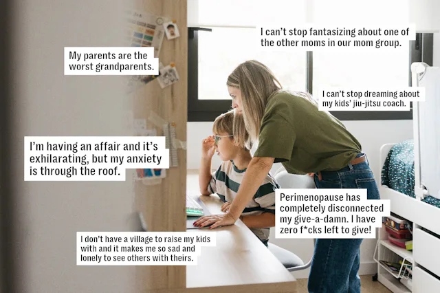 Woman leaning over a table helping a young child with a laptop in a bright bedroom, speech-bubble st...