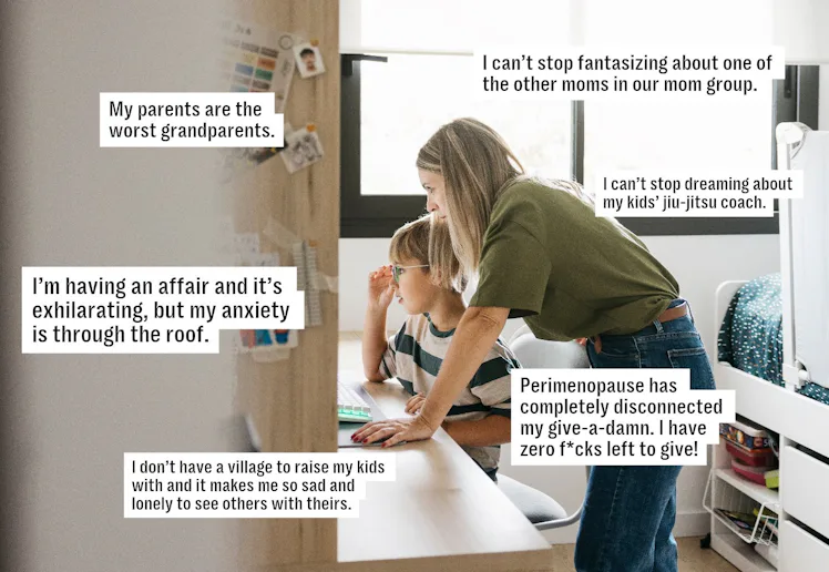 Woman leaning over a table helping a young child with a laptop in a bright bedroom, speech-bubble st...