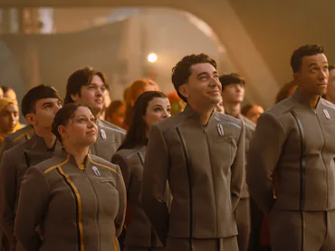 Romeo Carere as Ocam and Sandro Rosta as Caleb in season 2 of Star Trek: Starfleet Academy streaming...