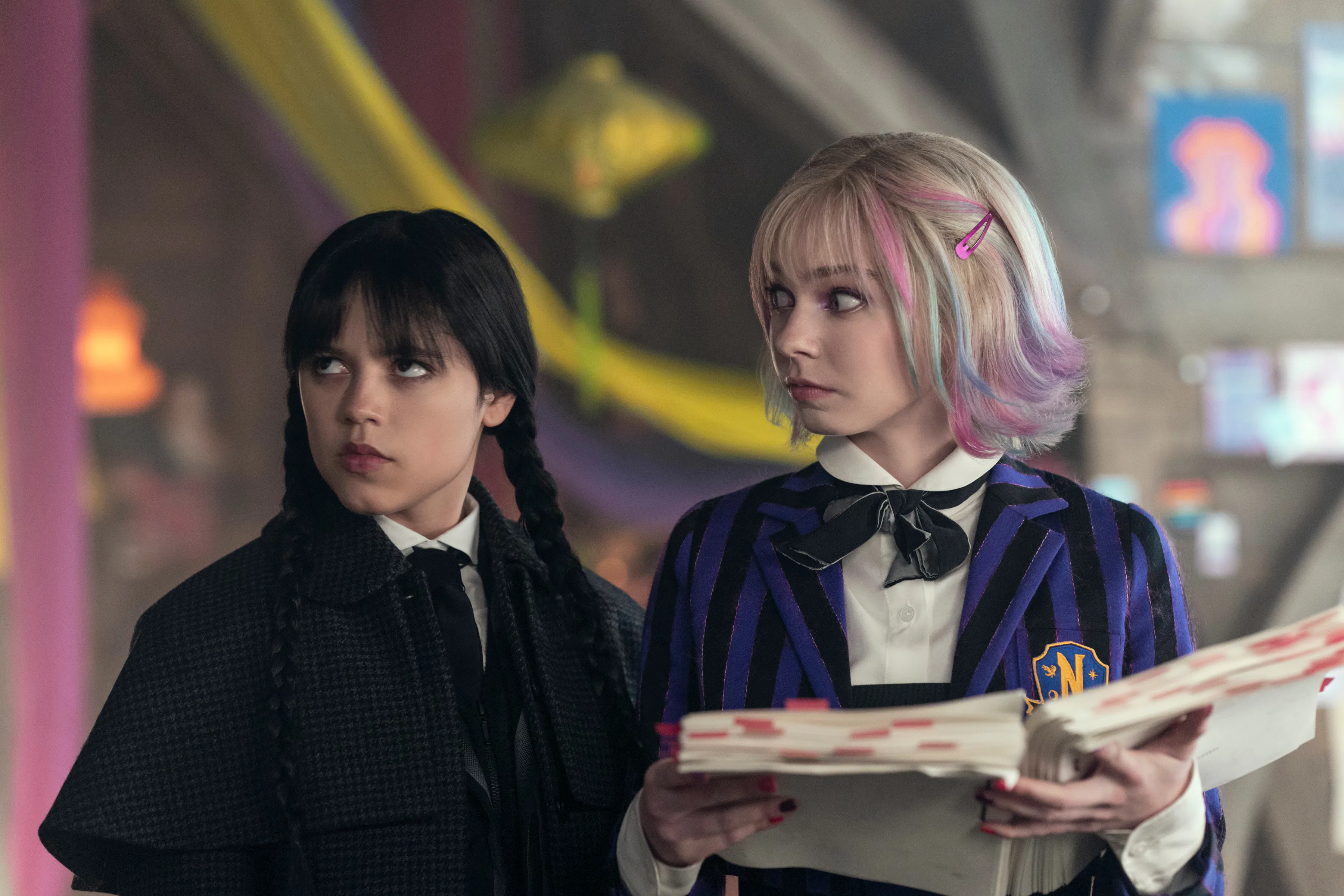 (L to R) Jenna Ortega as Wednesday Addams, Emma Myers as Enid Sinclair in episode 201 of 'Wednesday....