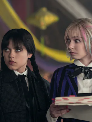 (L to R) Jenna Ortega as Wednesday Addams, Emma Myers as Enid Sinclair in episode 201 of 'Wednesday....