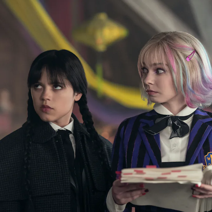 (L to R) Jenna Ortega as Wednesday Addams, Emma Myers as Enid Sinclair in episode 201 of 'Wednesday....