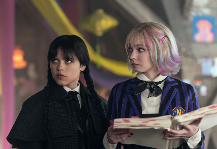 (L to R) Jenna Ortega as Wednesday Addams, Emma Myers as Enid Sinclair in episode 201 of 'Wednesday....