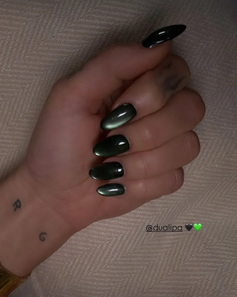 A close up of Dua Lipa's green velvet manicure