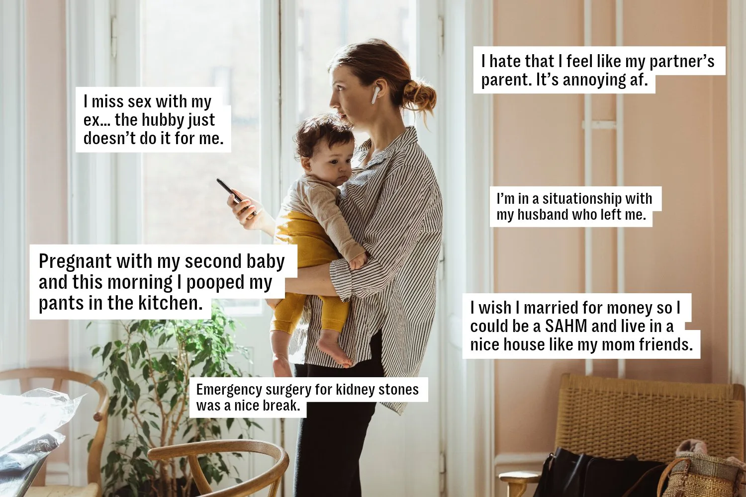 Woman holding toddler in a sunlit living room, smartphone in hand, surrounded by text confession box...