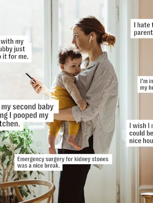 Woman holding toddler in a sunlit living room, smartphone in hand, surrounded by text confession box...