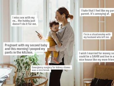 Woman holding toddler in a sunlit living room, smartphone in hand, surrounded by text confession box...