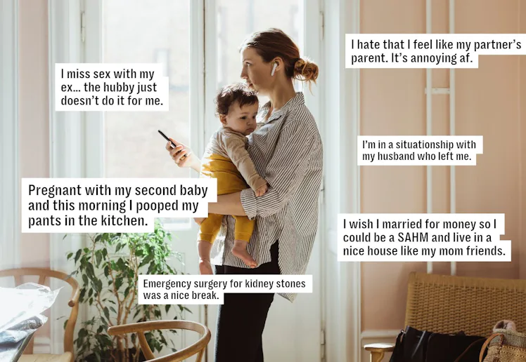 Woman holding toddler in a sunlit living room, smartphone in hand, surrounded by text confession box...