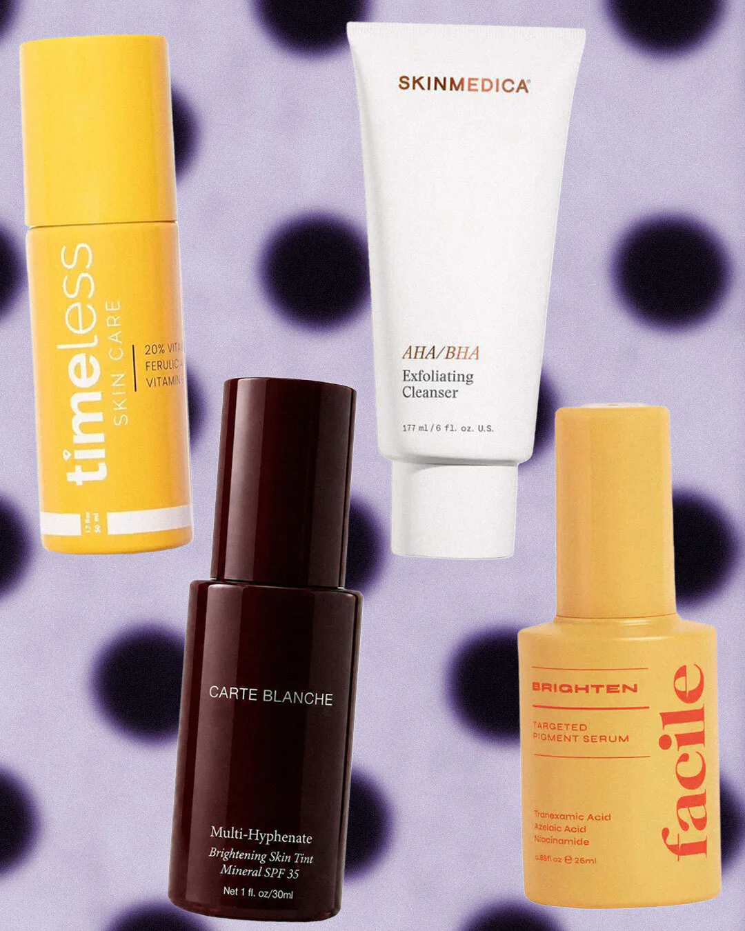 a collage of dark spot skincare products