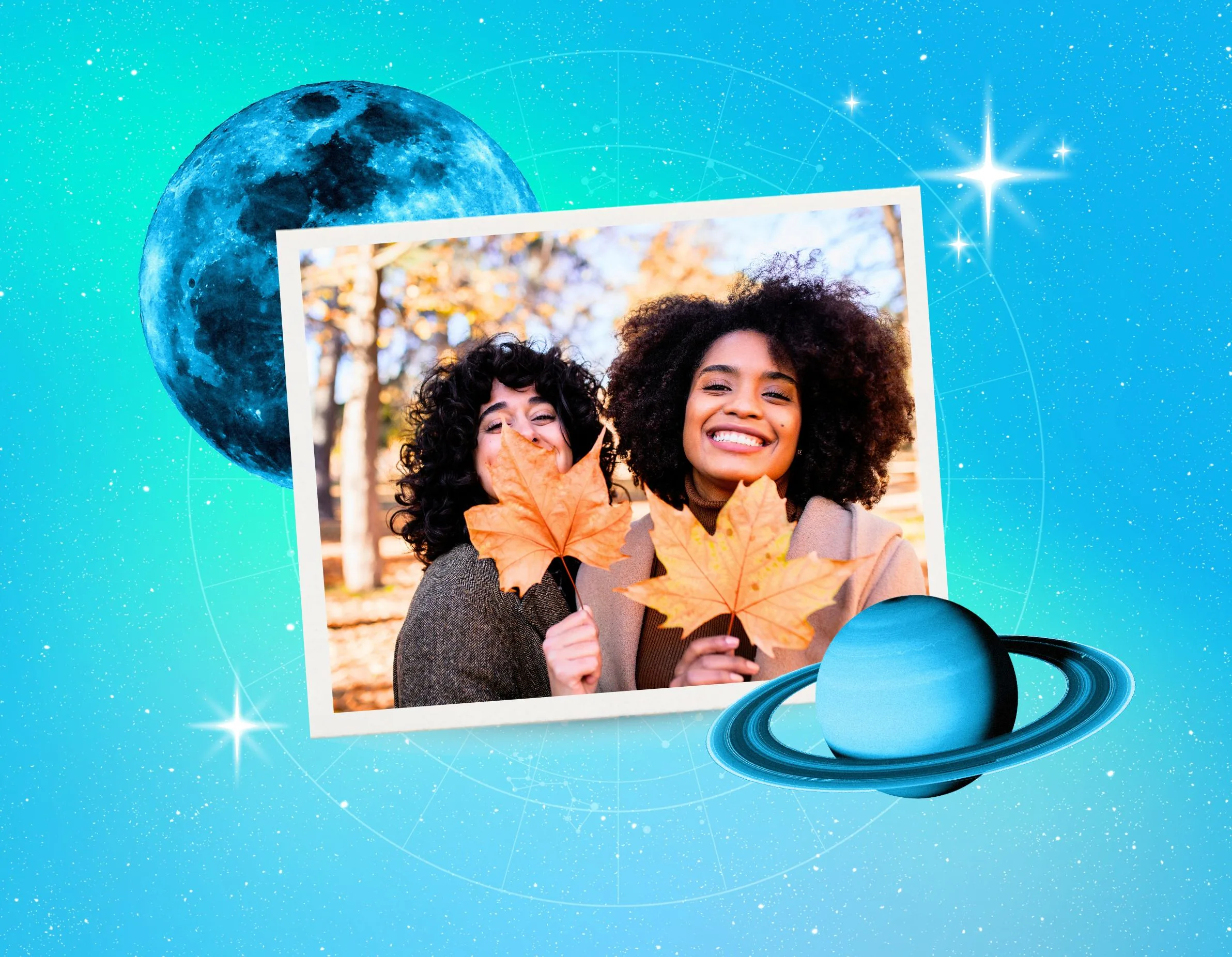 Young women playing with leaves after reading their November 2026 horoscope.