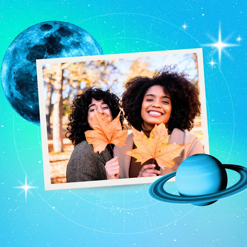Young women playing with leaves after reading their November 2026 horoscope.