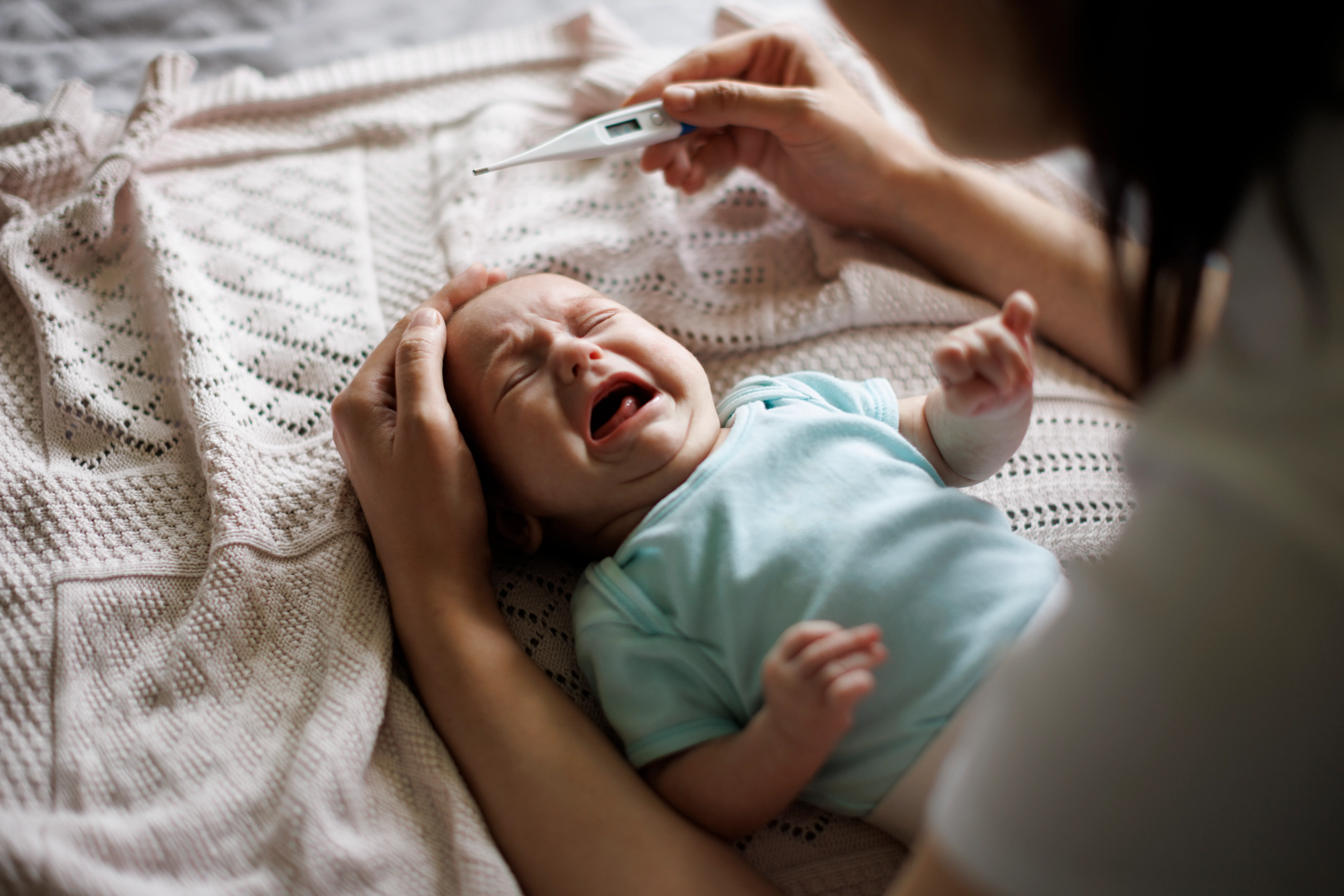 Caregiver holds a thermometer near a crying newborn on a blanket, gently supporting the baby's head ...