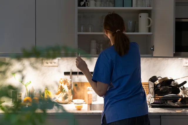 Person in blue scrub top, back to camera, reaching into an open kitchen cabinet above a marble count...
