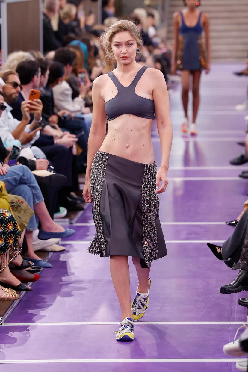 Gigi Hadid walks the runway during the Miu Miu Womenswear Spring/Summer 2027 show as part of Paris F...