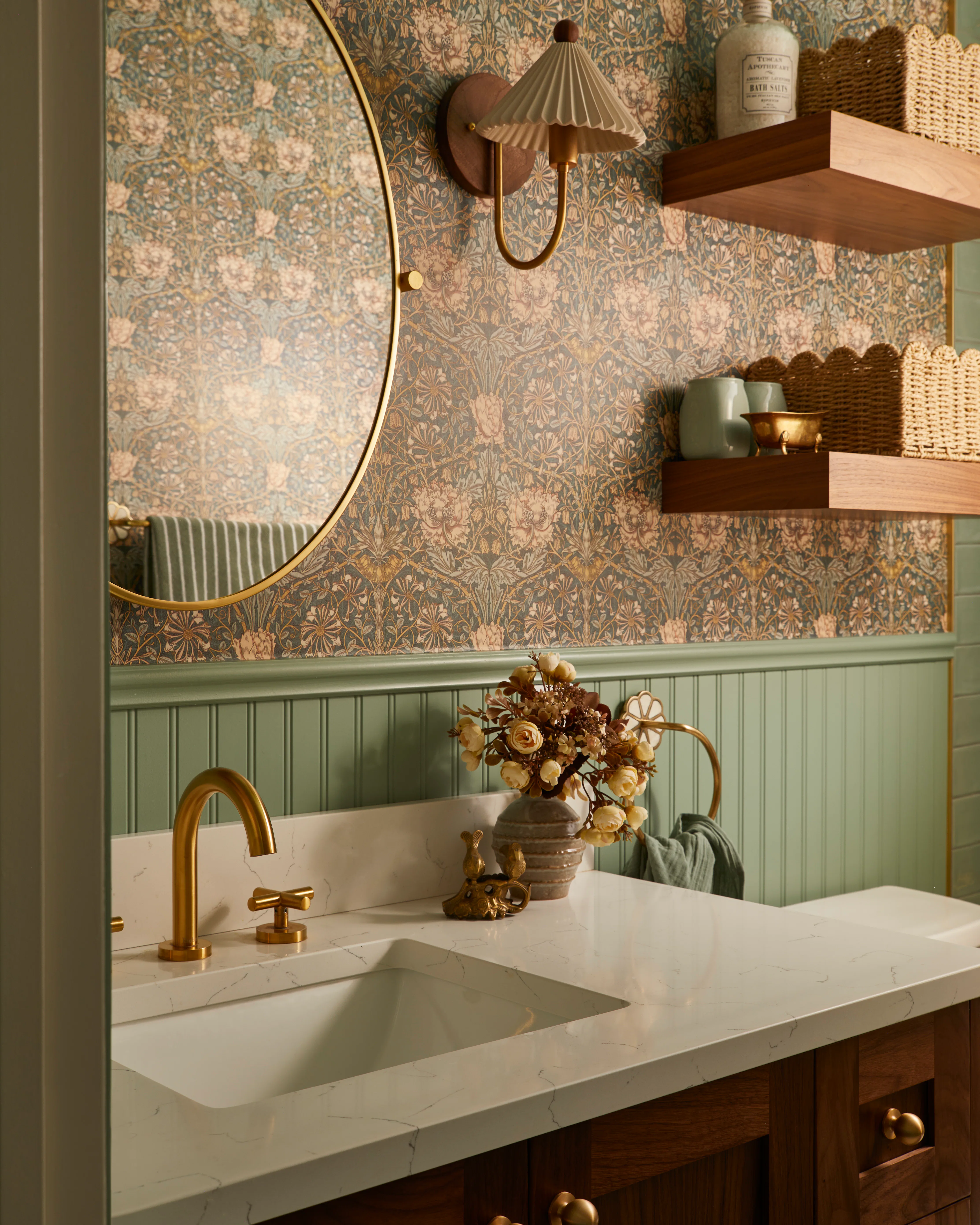 Thornton once peppered a children’s bathroom with a miniature brass bathtub and pair of birds on a f...