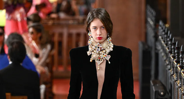 Model on the runway at the Valentino fashion show as part of Paris RTW Spring/Summer 2027 fashion we...